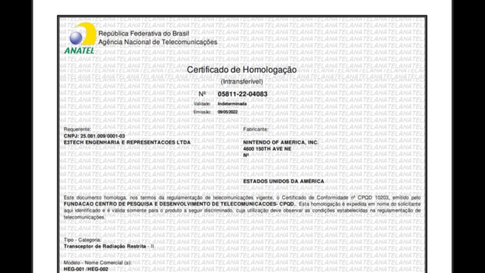 Certificado de homologação do Nintendo Switch OLED na Anatel 