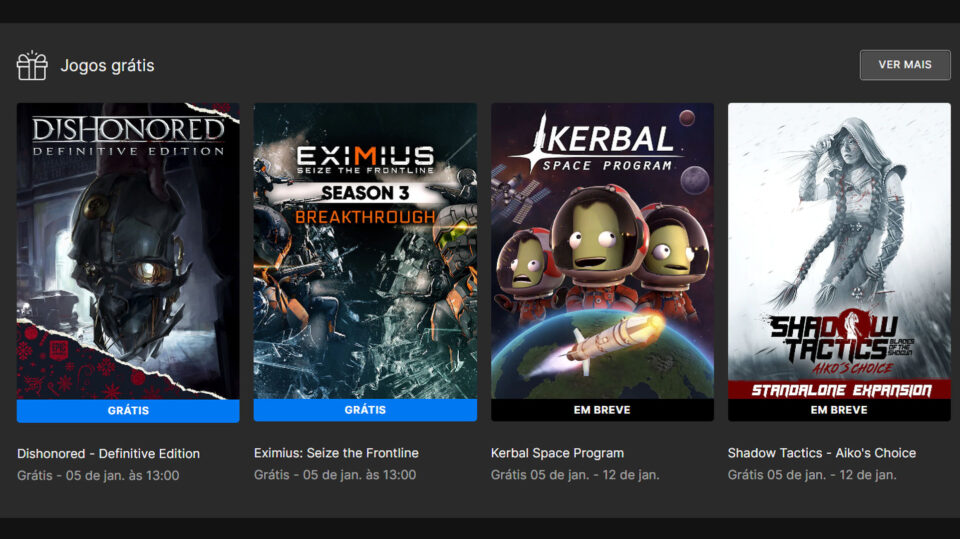 Epic Games Store dá jogos de graça diariamente por 15 dias; Dishonored e  Eximius são o décimo quinto - Drops de Jogos