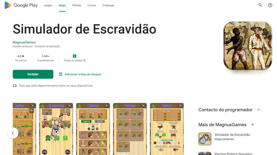 Jogo Simulador de Escravidão no Google Play gera indignação nas redes  sociais - Drops de Jogos