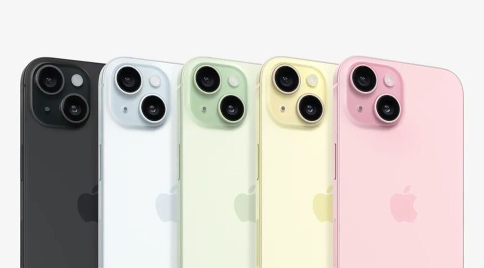 iPhone 15 foi lançado nas cores rosa, amarelo, verde, azul e preto. — Foto: Reprodução/Apple