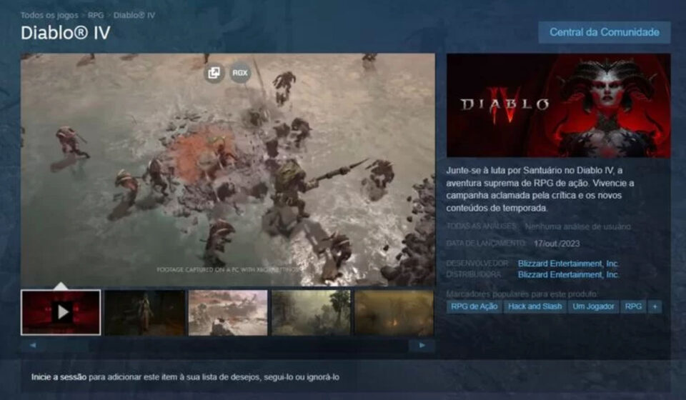 Página de Diablo IV no Steam. Imagem: captura de tela/Reprodução/Jovem Nerd