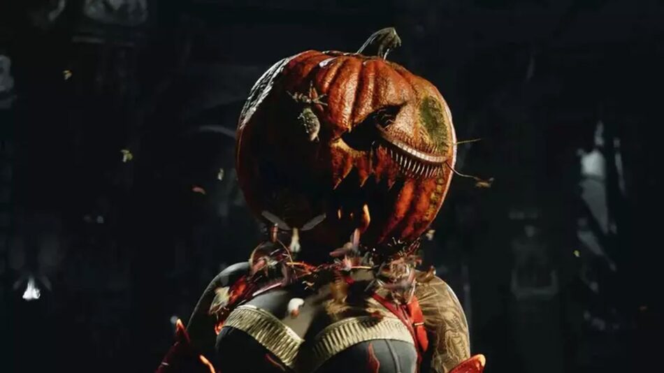 Polêmico Fatality de Halloween coloca uma abóbora na cabeça do adversário e a atira direto para a decoração da casa de uma família. Foto:  Warner Bros. Games  / Voxel
