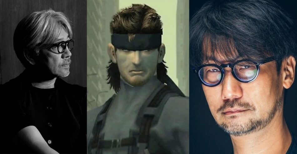 Ryuichi Sakamoto, Hideo Kojima e Solid Snake. Foto: Reprodução/X/Wikimedia Commons
