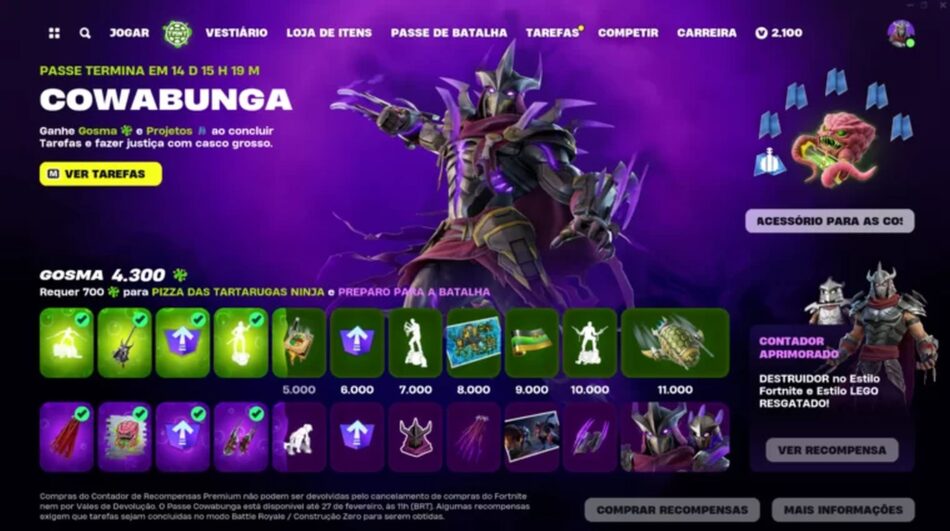 O contador das Tartarugas Ninja possui 11 recompensas desbloqueáveis em cada caminho (Epic Games/Divulgação)