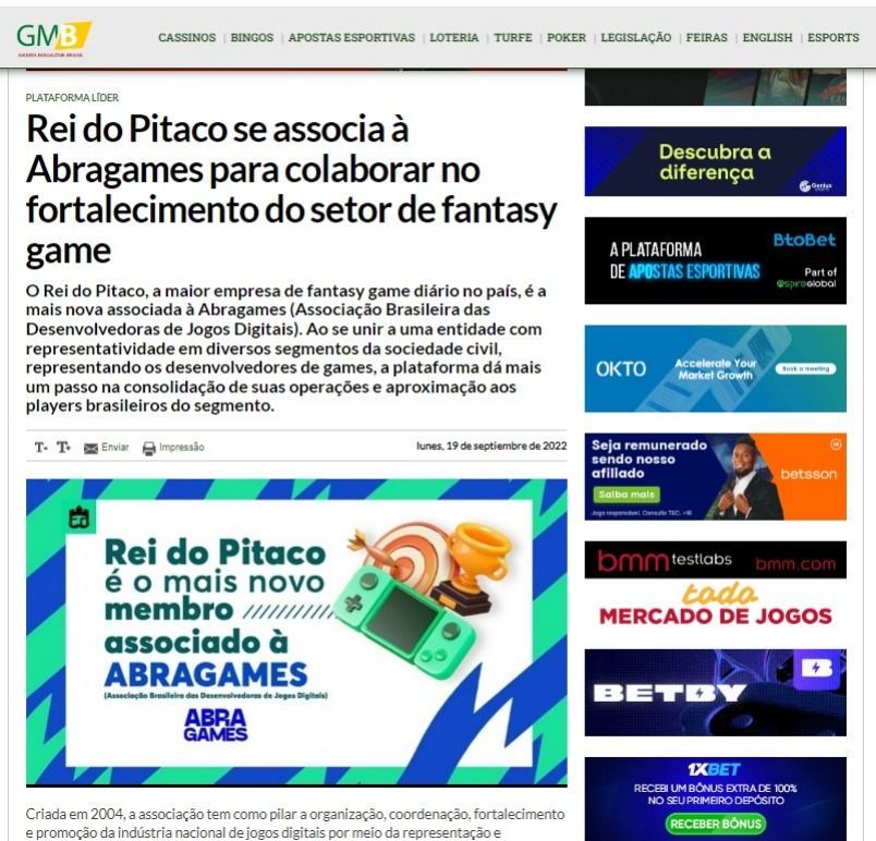 Notícia do Rei do Pitaco ao entrar na ABRAGAMES no GMB, site da "indústria de jogos de azar". Foto: Reprodução