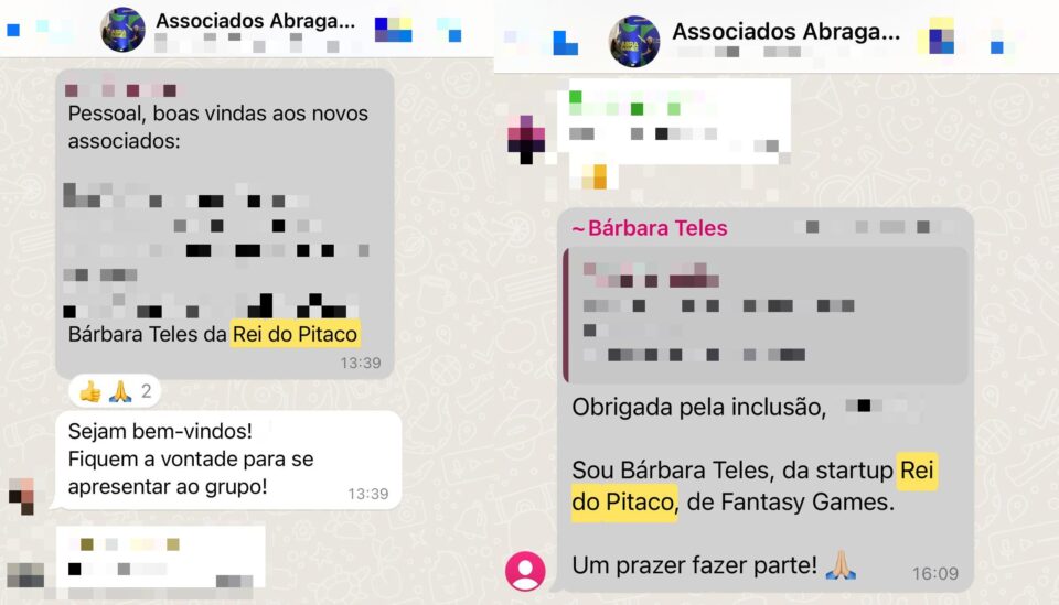 As conversas da ABRAGAMES com o Rei do Pitaco no WhatsApp, com os nomes de algumas pessoas censurados. Foto: Reprodução