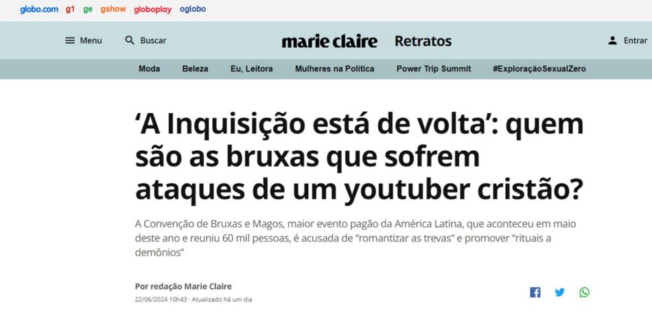 Na mídia: YouTuber cristão faz ataque a bruxas que beira intolerância; caso pode ser denunciado ao governo. Foto: Reprodução