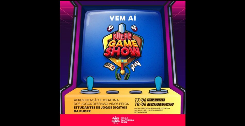 Para divulgar jogos brasileiros, primeira PUCPR Game Show do ano acontece nos dias 17 e 18 de junho de 2024. Foto: Divulgação