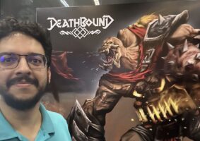 Márcio Filho no coquetel de lançamento do jogo Deathbound. Foto: Divulgação