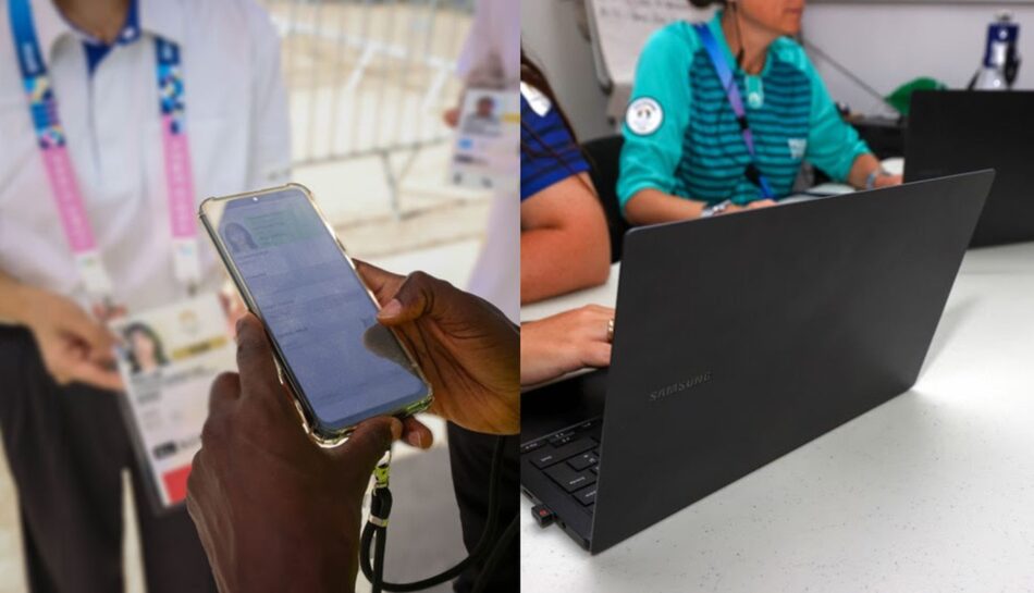 Funcionários e voluntários usam o Samsung Galaxy Book no escritório na Place de la Concorde. Foto: Divulgação