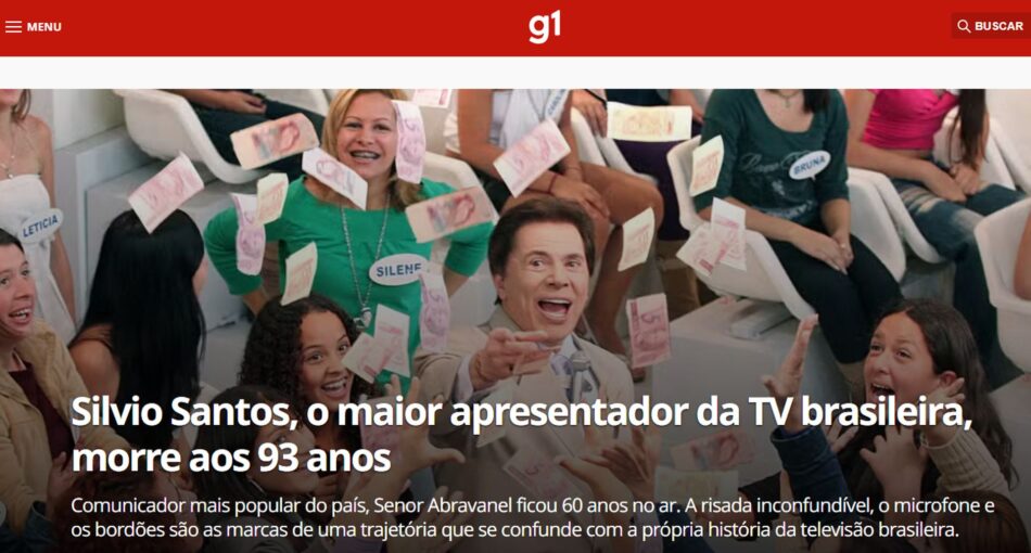 Silvio Santos, o maior apresentador da TV brasileira segunda a própria Globo, morre aos 93 anos. Foto: Reprodução/G1