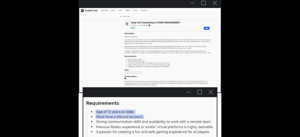 Na Roblox Talent Hub, página oficial da plataforma, há anúncios de vagas de trabalho para candidatos acima de 13 anos e com conta no Discord (Reprodução / Arte: Rodrigo Bento)