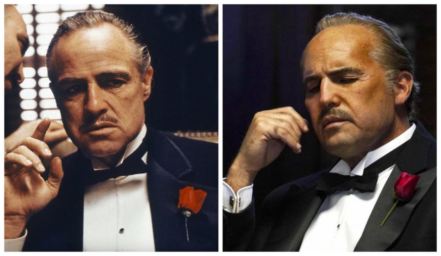 Marlon Brando (1924-2004) como Don Vito Corleone em O Poderoso Chefão (1972) e Billy Zane como o astro na cinebiografia Waltzing with Brando — Foto: Reprodução/Divulgação