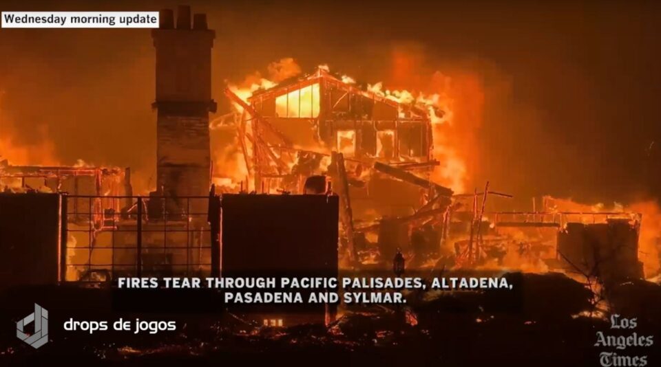 Bombeiros combatem incêndios enquanto Los Angeles se prepara para mais dias de incêndio. Foto: Reprodução/YouTube/Los Angeles Times