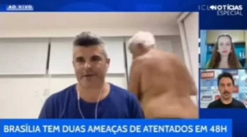 Ricardo Noblat invade programa ao vivo usando apenas sunga. Foto: Reprodução